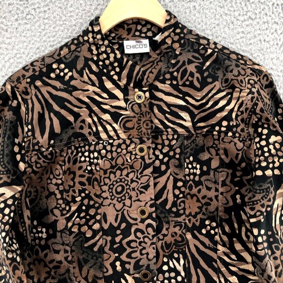 Chicos Jacket Womens 0 US 4 Brown Animal Print Floral Button Up Collar Stretch - Picture 2 of 10